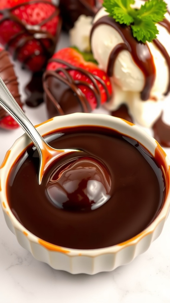 A bowl of rich chocolate sauce with strawberries and ice cream in the background.